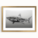 Framed wall art showcasing a sleek shark design in gold and blue tones, highlighting marine life intricacies. Ideal for ocean-themed decor, enhancing any space.