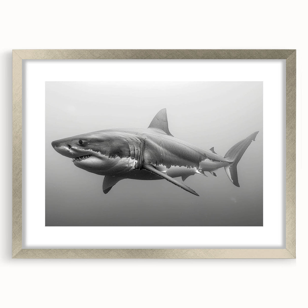 Framed wall art showcasing a sleek shark design in a marine life theme, featuring a silver frame and mat, perfect for ocean lovers’ decor.
