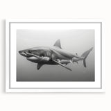 Framed wall art featuring a striking shark design in shades of blue and gray, complemented by a white mat, perfect for marine life enthusiasts and ocean-themed decor.