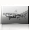 Framed wall art depicting a sleek black shark design against a vibrant marine life background, showcasing intricate details and bold colors, perfect for ocean enthusiasts.