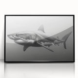 Framed wall art depicting a sleek black shark design against a vibrant marine life background, showcasing intricate details and bold colors, perfect for ocean enthusiasts.