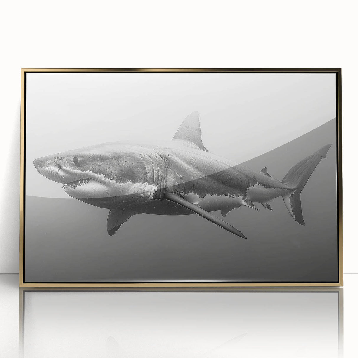 Framed acrylic wall art showcasing a vibrant shark design with a gold border, ideal for marine life enthusiasts, adding a stylish touch to any ocean-themed decor.