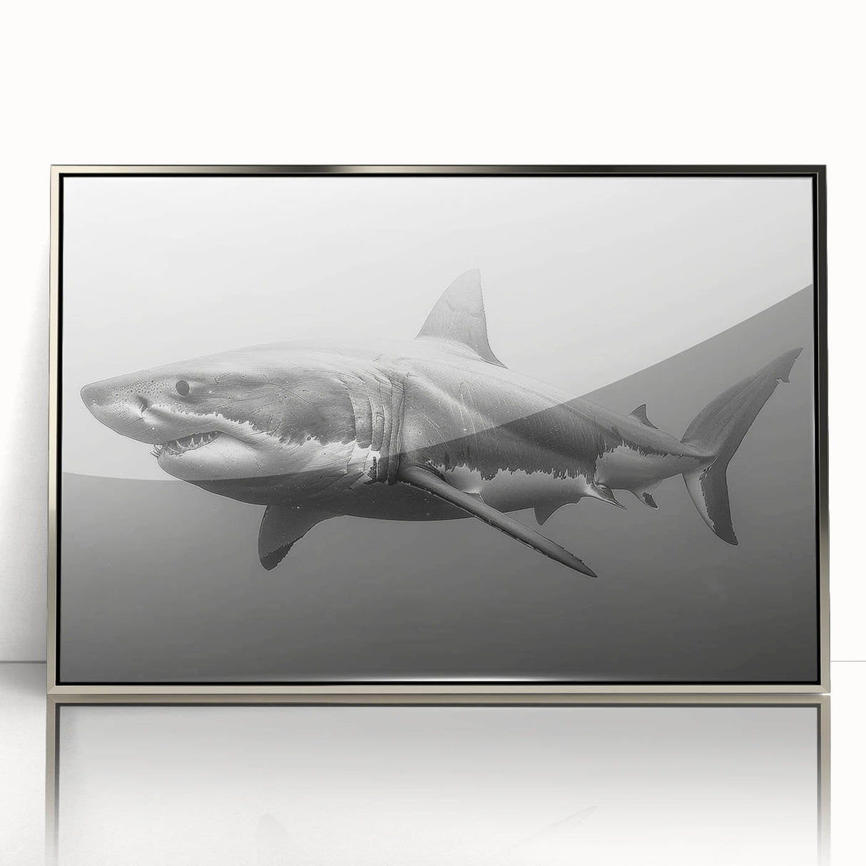 Framed acrylic wall art showcasing a detailed shark design in vibrant colors, elegantly displayed with a silver frame, perfect for marine life enthusiasts.