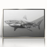 Framed acrylic wall art showcasing a detailed shark design in vibrant colors, elegantly displayed with a silver frame, perfect for marine life enthusiasts.