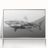 Framed wall art featuring a striking marine life shark design in vibrant colors, presented in a sleek white frame, perfect for ocean-themed decor.