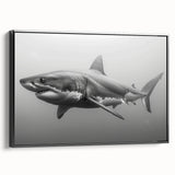 Framed canvas wall art featuring a striking shark design, showcasing vibrant colors and intricate details, perfect for marine life enthusiasts and ocean decor.