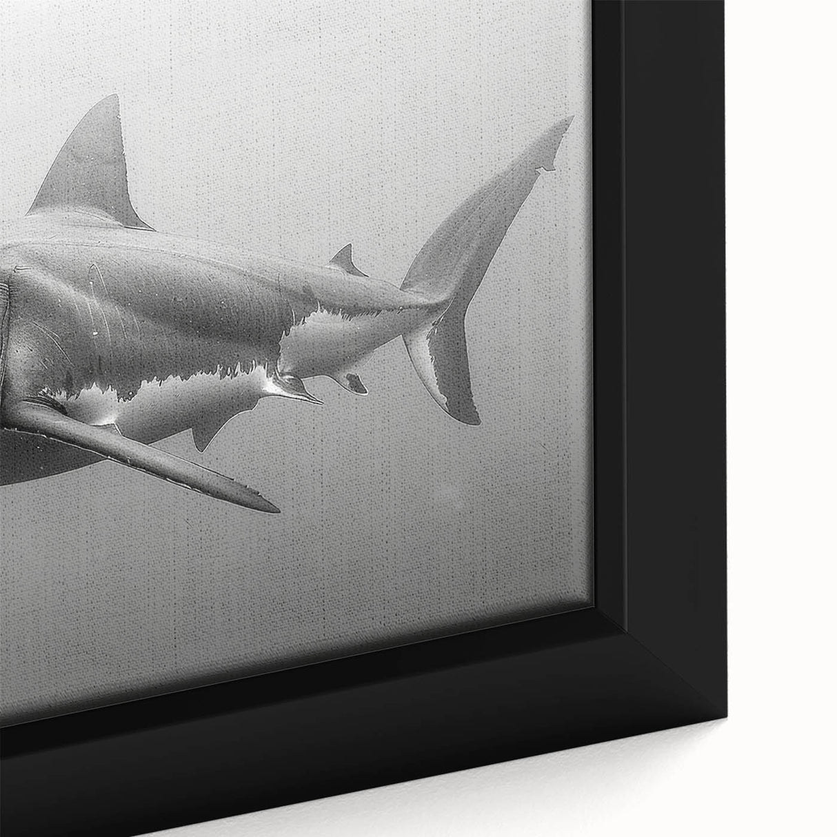 Close-up of a framed canvas wall art featuring a vibrant marine life design with a shark, showcasing intricate details and vivid colors, perfect for ocean-themed decor.