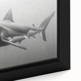 Close-up of a framed canvas wall art featuring a vibrant marine life design with a shark, showcasing intricate details and vivid colors, perfect for ocean-themed decor.