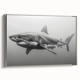 Framed wall art featuring a striking shark design in vibrant colors on a textured canvas, set against a sleek silver frame, ideal for marine life enthusiasts.