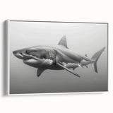 Framed canvas wall art showcasing a striking shark design in vibrant colors, perfect for marine life enthusiasts, displayed against a white background for a modern touch.