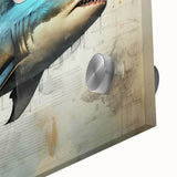 Close-up of a vibrant acrylic glass wall art piece featuring a detailed shark design, showcasing marine life in striking colors, perfect for ocean-themed decor.