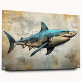 Acrylic wall art display featuring a detailed marine life shark design, showcasing vibrant colors and a sleek side view, secured with stylish pins for modern decor.