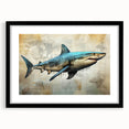 Framed wall art featuring a striking shark design from a marine life collection, showcasing vibrant colors and intricate details, set in a sleek black frame with matting.