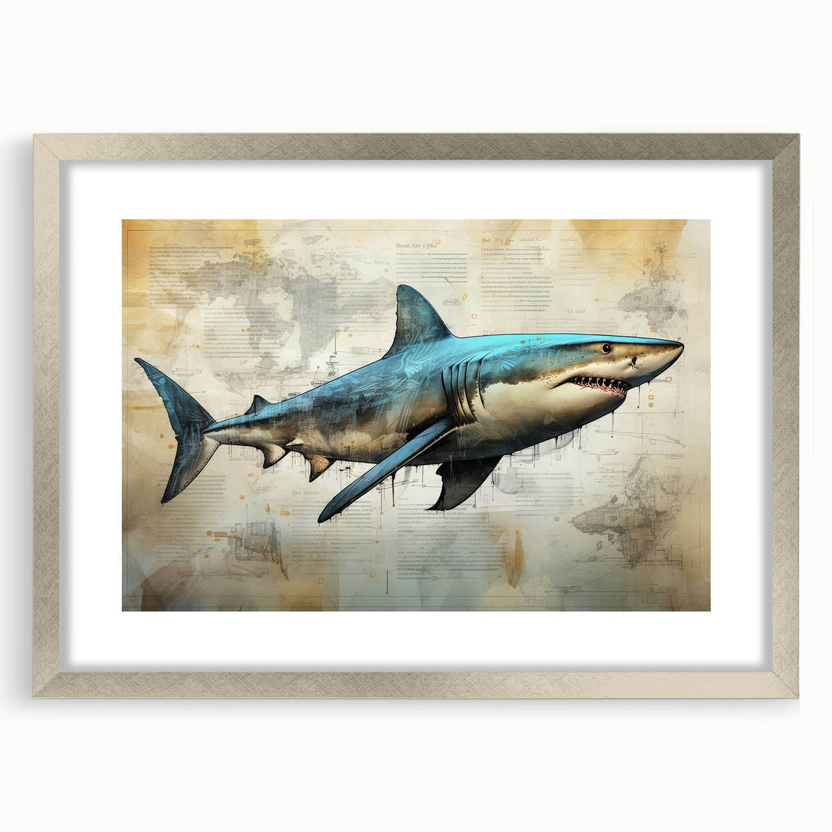 Silver-framed wall art featuring a striking marine life shark design, elegantly matted, perfect for ocean-themed decor in modern interiors.