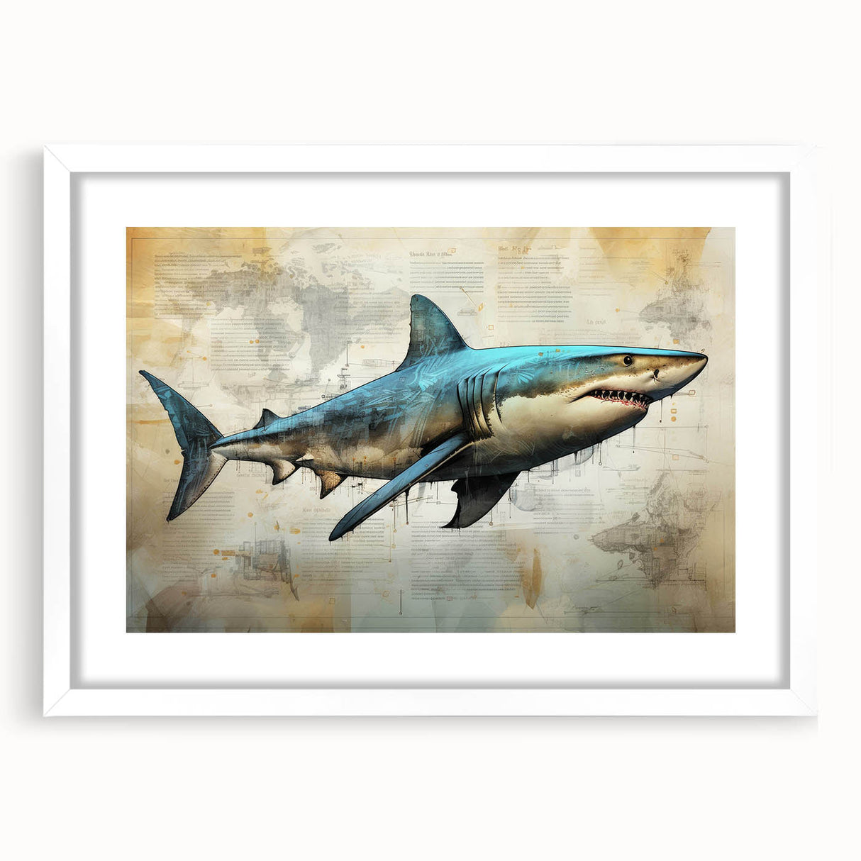 Framed wall art featuring a striking shark design in vibrant colors, set against a white mat, perfect for marine life enthusiasts and home decor.