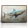 Framed wall art featuring a sleek black shark design in vibrant marine colors, showcasing an elegant underwater theme, perfect for ocean lovers and modern decor.
