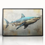 Framed wall art featuring a sleek black shark design in vibrant marine colors, showcasing an elegant underwater theme, perfect for ocean lovers and modern decor.