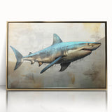 Framed wall art showcasing a sleek shark design in vibrant colors, featuring a gold acrylic frame, perfect for marine life enthusiasts and modern decor.