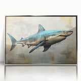 Framed wall art showcasing a striking shark design in vibrant marine colors, set in an elegant silver frame, ideal for ocean-themed decor. Perfect for nature lovers!