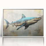 Framed wall art featuring a vibrant shark design, showcasing intricate marine life details in a modern acrylic frame with a sleek white finish, perfect for ocean-themed decor.