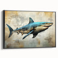 Framed wall art collection showcasing a striking marine life design featuring a shark, displayed in a sleek black frame, perfect for ocean-themed decor.
