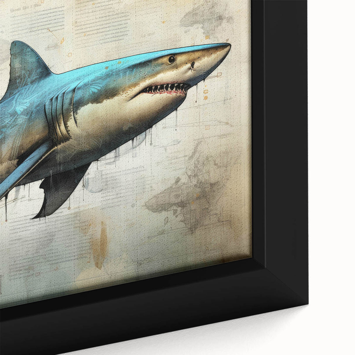 Close-up of a framed canvas wall art featuring a vibrant marine life design showcasing a shark, with intricate details and vivid colors, perfect for ocean-themed decor.