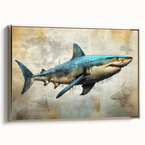 Framed wall art featuring a vibrant marine life design with a shark illustration, showcasing intricate details and a golden frame, perfect for ocean-themed decor.