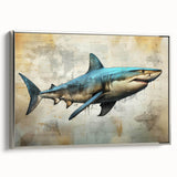 Framed canvas wall art showcasing a sleek silver shark design, featuring intricate details and vibrant colors, perfect for marine life enthusiasts and ocean-inspired decor.