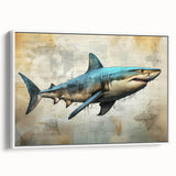 Framed wall art showcasing a detailed shark design in a marine life theme, featuring vibrant colors and a sleek white border, perfect for ocean-inspired decor.