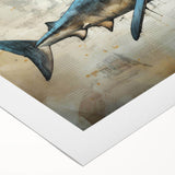 Vibrant rolled canvas art showcasing a striking marine life shark design, perfect for ocean enthusiasts, displayed in a sturdy cardboard tube for protection.