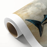 Vibrant rolled canvas artwork depicting a stylized shark design, showcasing intricate marine life details in shades of blue and green, perfect for ocean-themed decor.
