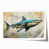 Vibrant wall art print showcasing a stylized shark design with intricate marine life elements, perfect for ocean-themed decor. Printed on high-quality paper, rolled for easy shipping.
