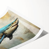 Vibrant rolled print of marine life wall art featuring a stylized shark design, showcasing rich colors and dynamic patterns, ideal for ocean-themed decor.