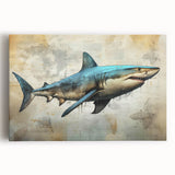 Vibrant canvas wall art showcasing a detailed shark design, featuring bold colors and intricate marine life elements, perfect for ocean-themed decor.