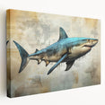 Stretched canvas wall art showcasing a vibrant marine life shark design in a side view, featuring intricate details and bold colors, ideal for ocean-themed decor.