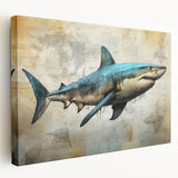 Stretched canvas wall art showcasing a vibrant marine life shark design in a side view, featuring intricate details and bold colors, ideal for ocean-themed decor.
