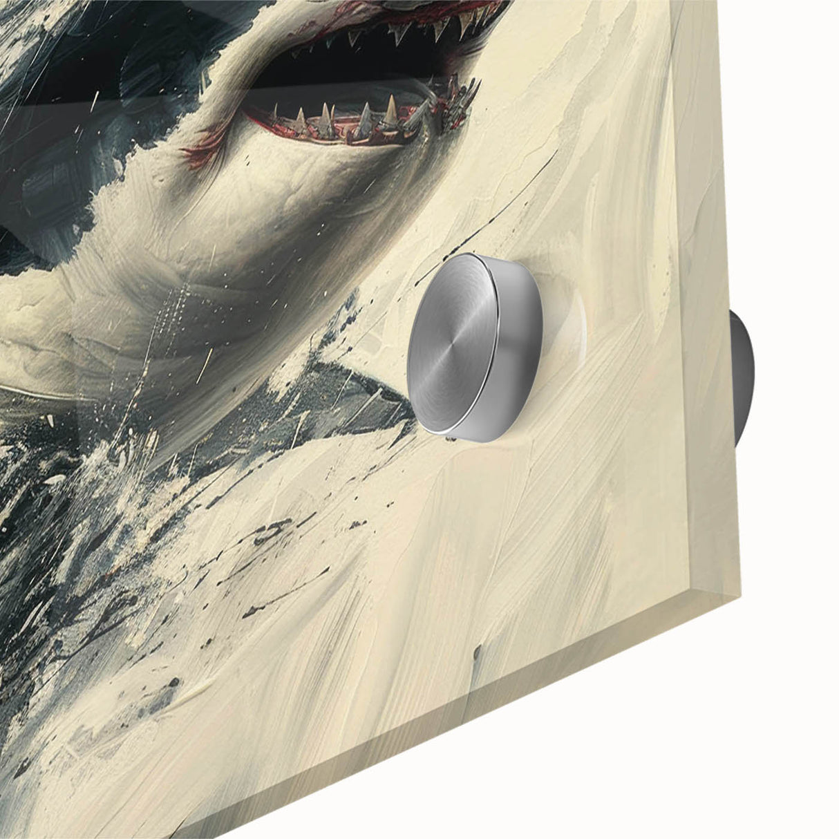 Close-up of a vibrant marine life wall art piece showcasing a detailed shark design on acrylic glass, perfect for ocean-themed decor in homes or offices.