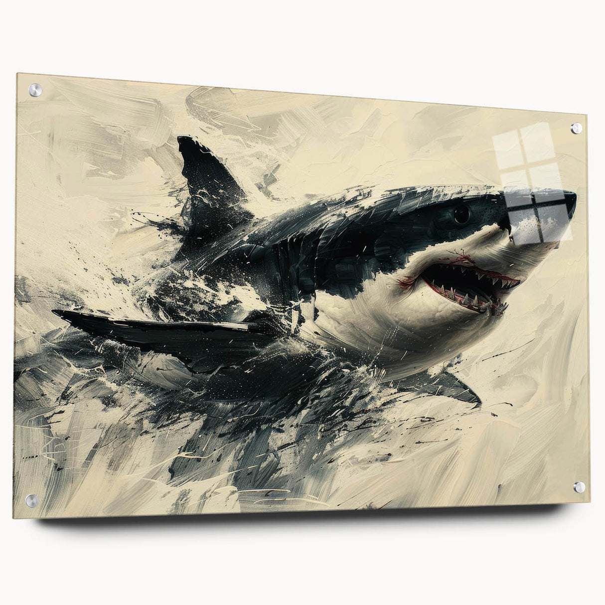 Acrylic wall art collection showcasing a vibrant marine life shark design, displayed from a side view with pins for easy hanging, perfect for ocean-themed decor.