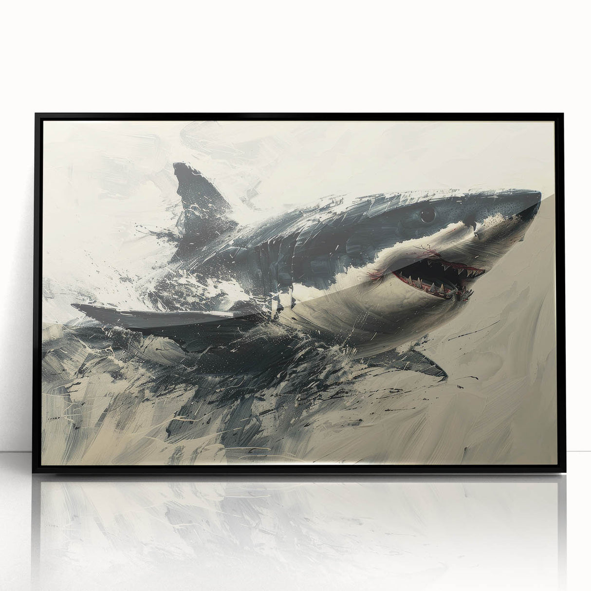 Framed wall art collection featuring a striking marine life shark design, showcased in a sleek black frame, perfect for ocean-themed decor enthusiasts. The vibrant colors and intricate details capture the essence of underwater beauty, enhancing any living space or office environment.