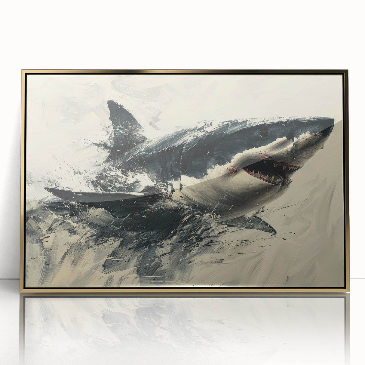 Framed acrylic art piece showcasing a detailed marine life shark design, featuring a gold frame and vibrant colors, ideal for ocean-themed decor.