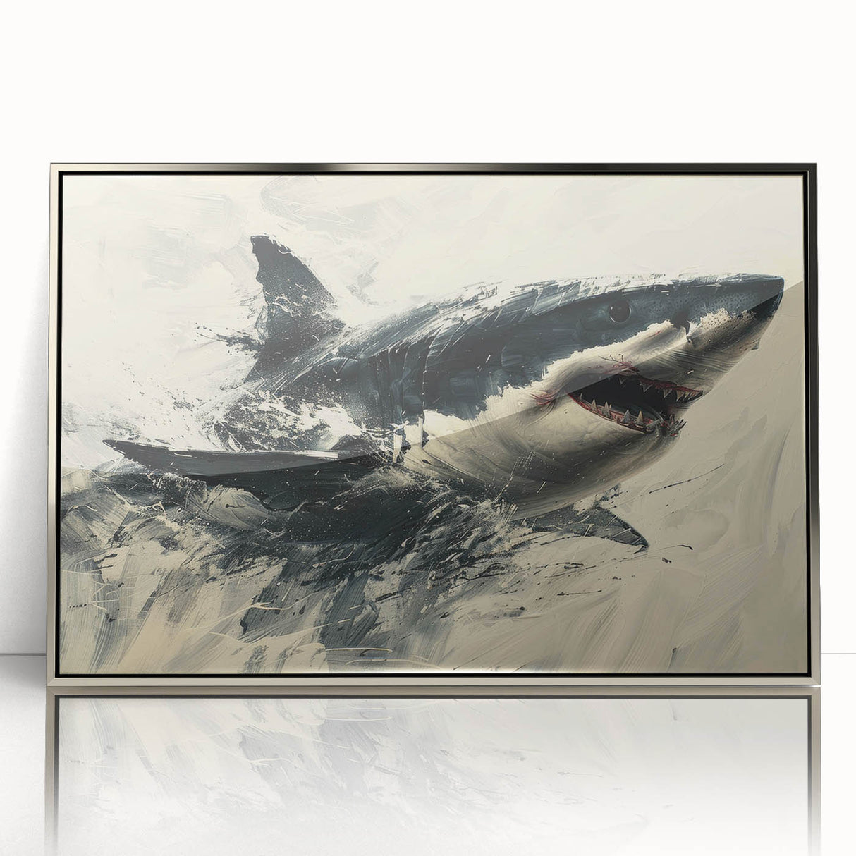 Framed wall art featuring a striking marine life shark design, presented in an elegant silver frame, showcasing vibrant colors and intricate details, perfect for ocean enthusiasts.