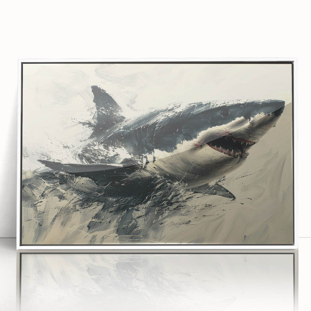 Framed acrylic wall art featuring a vibrant shark design, showcasing intricate marine life details against a sleek white background, perfect for ocean-themed decor.