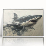 Framed acrylic wall art featuring a vibrant shark design, showcasing intricate marine life details against a sleek white background, perfect for ocean-themed decor.