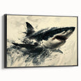 Framed wall art featuring a striking marine life design of a shark in a sleek black frame, perfect for ocean-themed decor. Ideal for nature enthusiasts and interior design.
