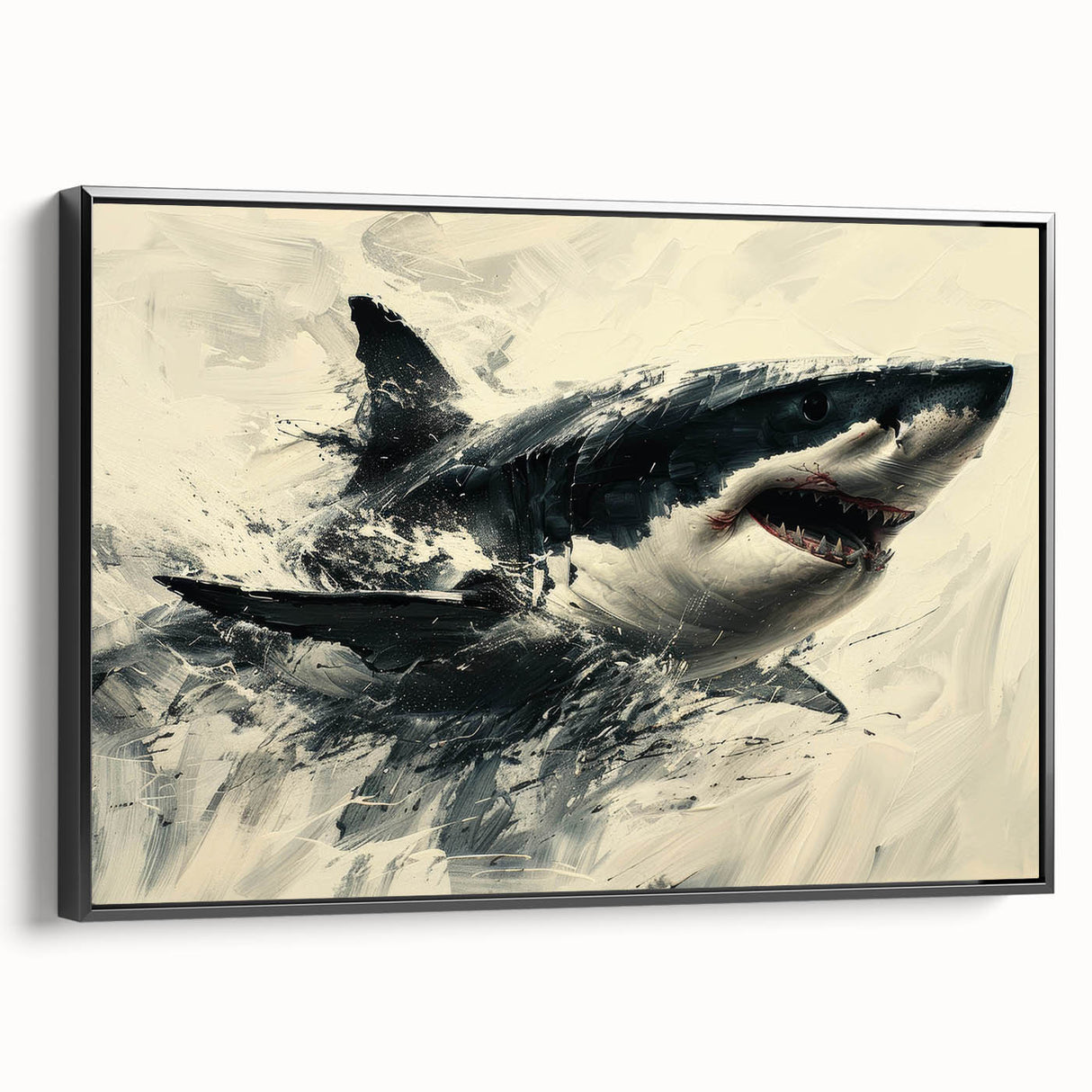 Framed wall art featuring a striking marine life design of a shark in a sleek black frame, perfect for ocean-themed decor. Ideal for nature enthusiasts and interior design.