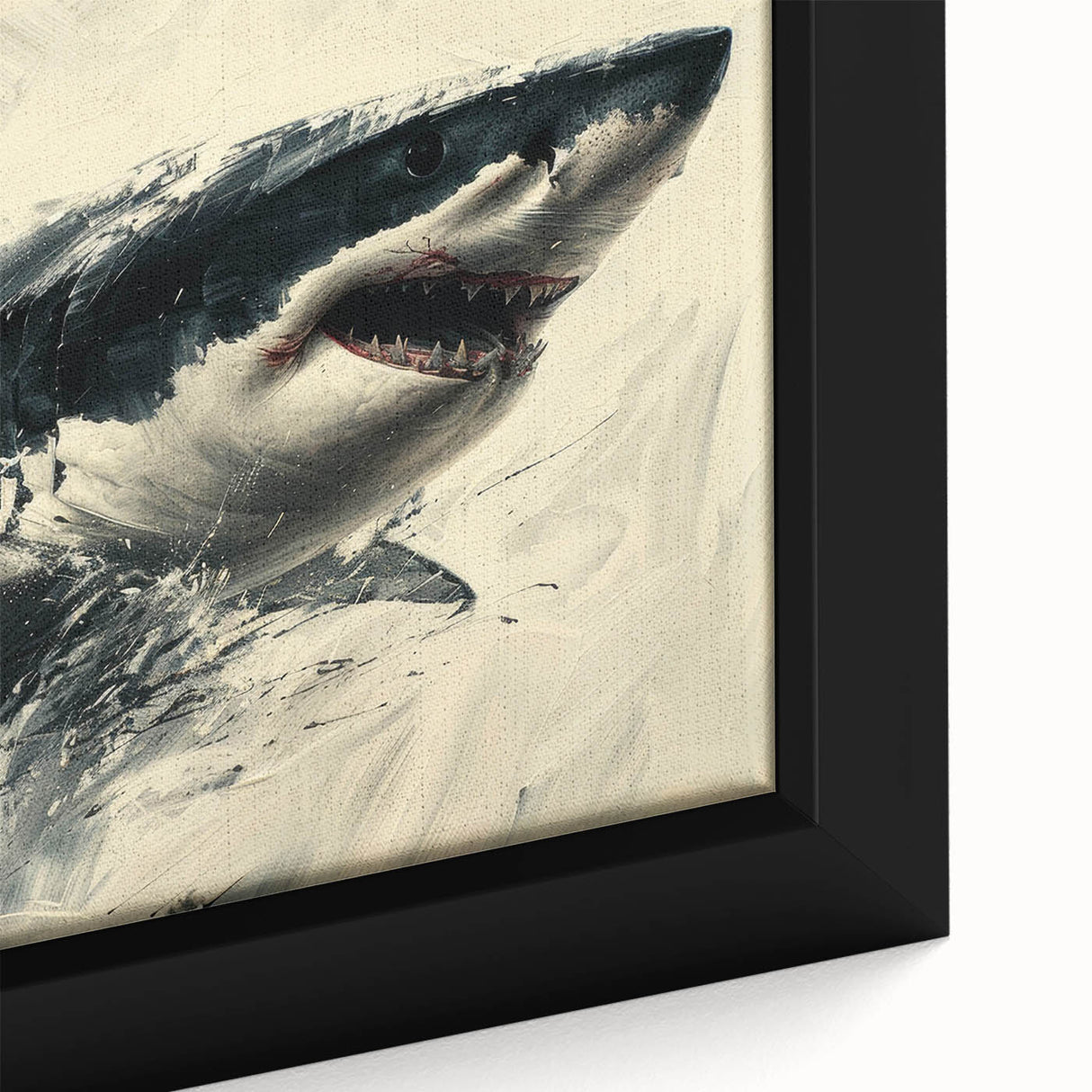 Close-up of a framed canvas wall art featuring a vibrant shark design, showcasing intricate marine life details with bold blue and green colors, perfect for ocean-themed decor.