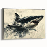 Framed canvas wall art featuring a sleek silver shark design, showcasing intricate marine life details against a vibrant blue background, ideal for ocean-themed decor.