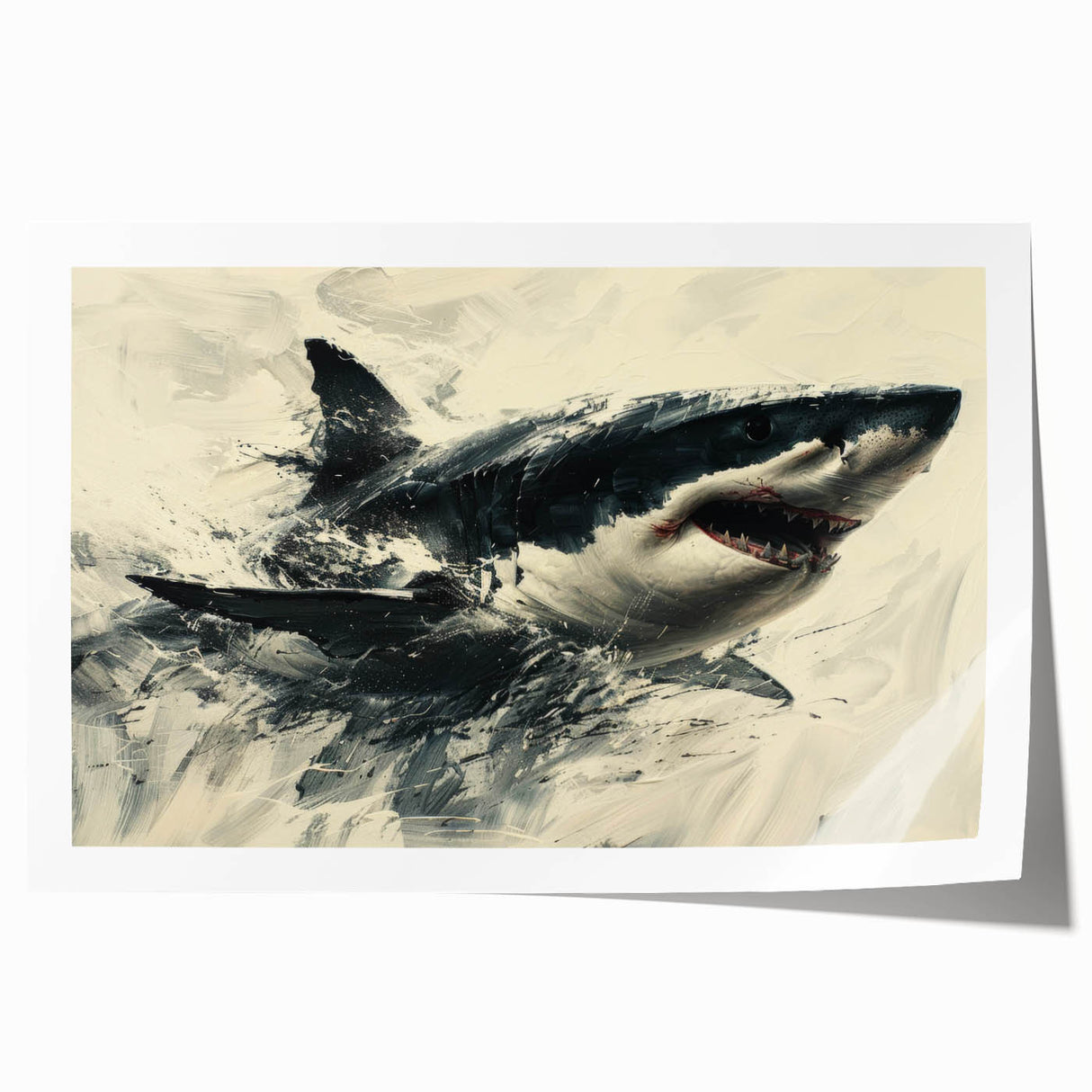 Colorful marine life wall art depicting a shark design, showcasing vibrant blues and greens, printed on high-quality canvas, perfect for ocean-themed decor.