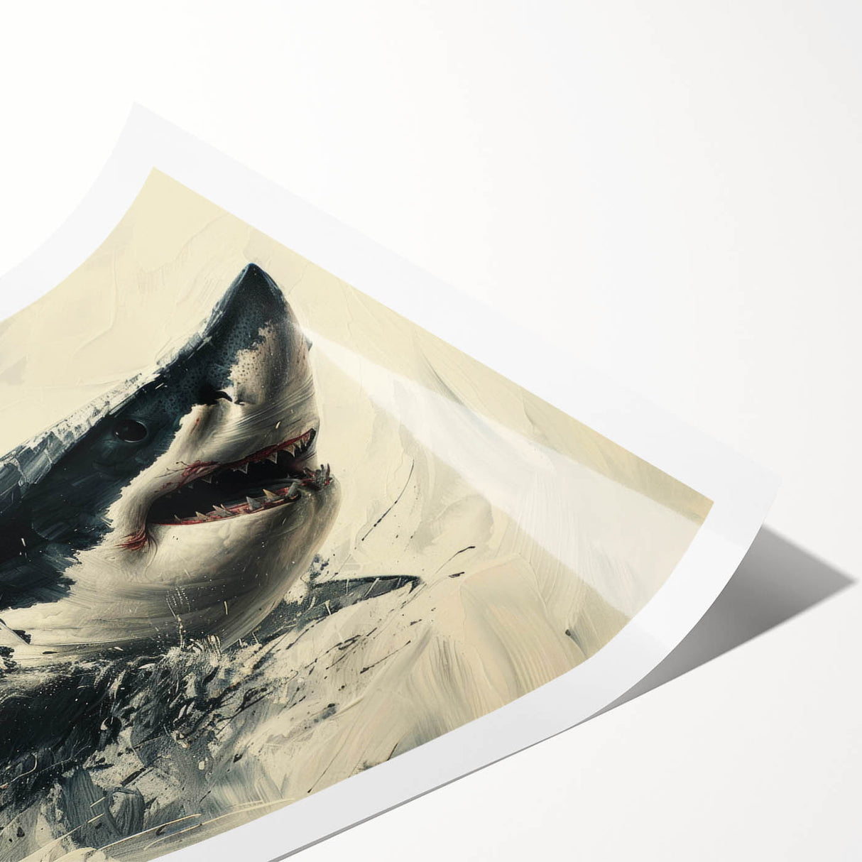 Colorful marine life wall art featuring a stylized shark design, printed on high-quality paper, perfect for ocean-themed decor. Ideal for enhancing coastal interiors.