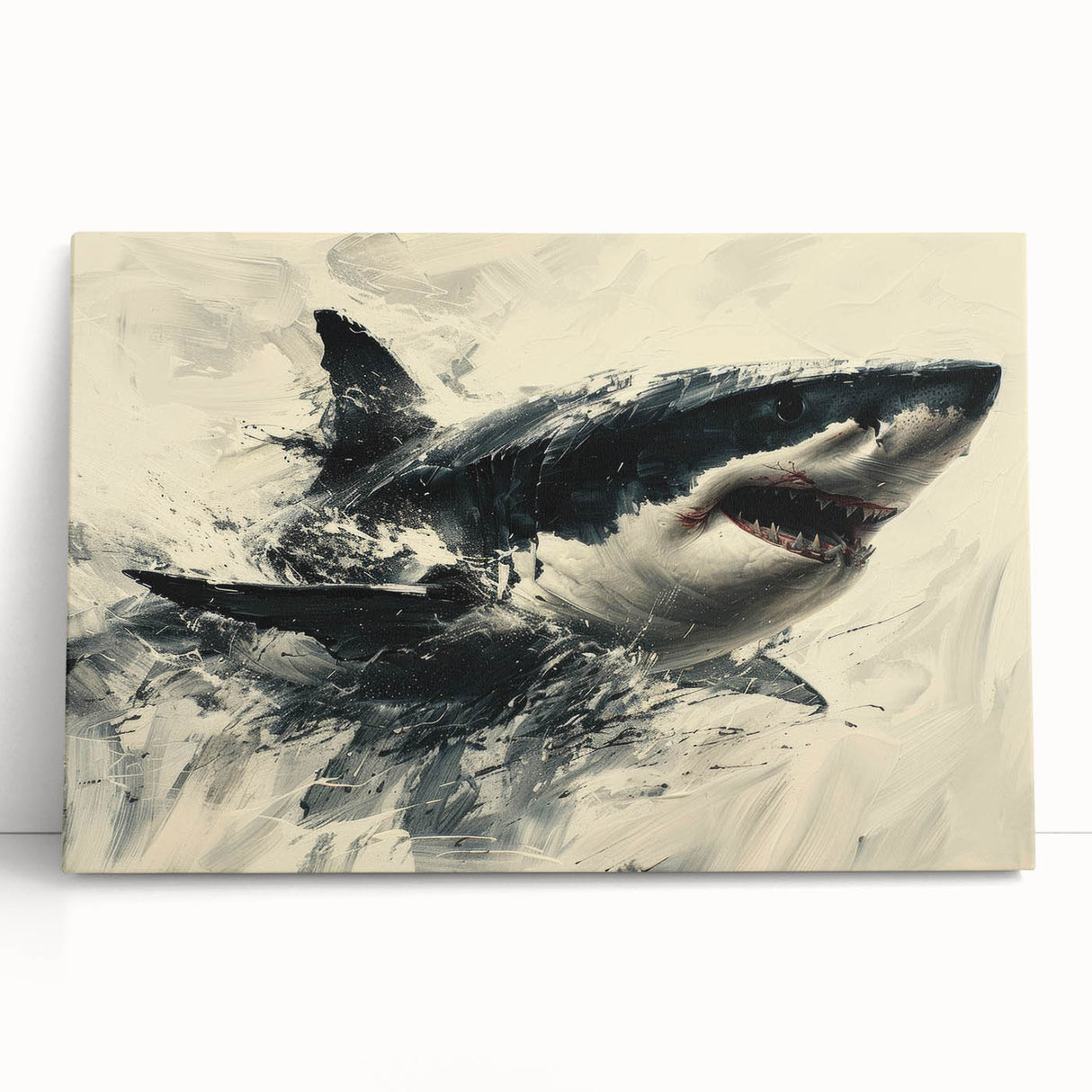 Stretched canvas wall art featuring a vibrant marine life shark design, ideal for ocean-themed decor, showcasing detailed textures and colors that evoke the beauty of underwater environments. Perfect for adding a coastal touch to any room.